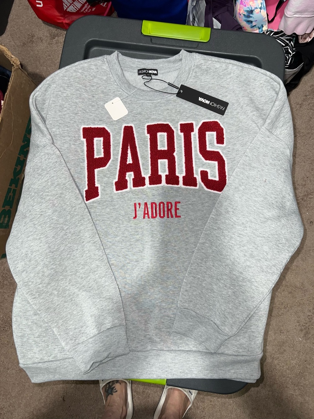 Fashion Nova  Gray Crewneck Sweatshirt with Red PARIS Applique